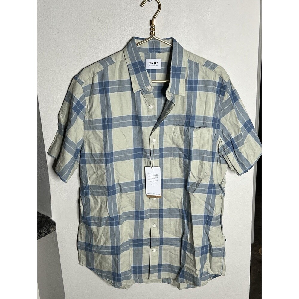 NWT NN07 No Nationality XL  green blue plaid Leon short sleeve button up shirt